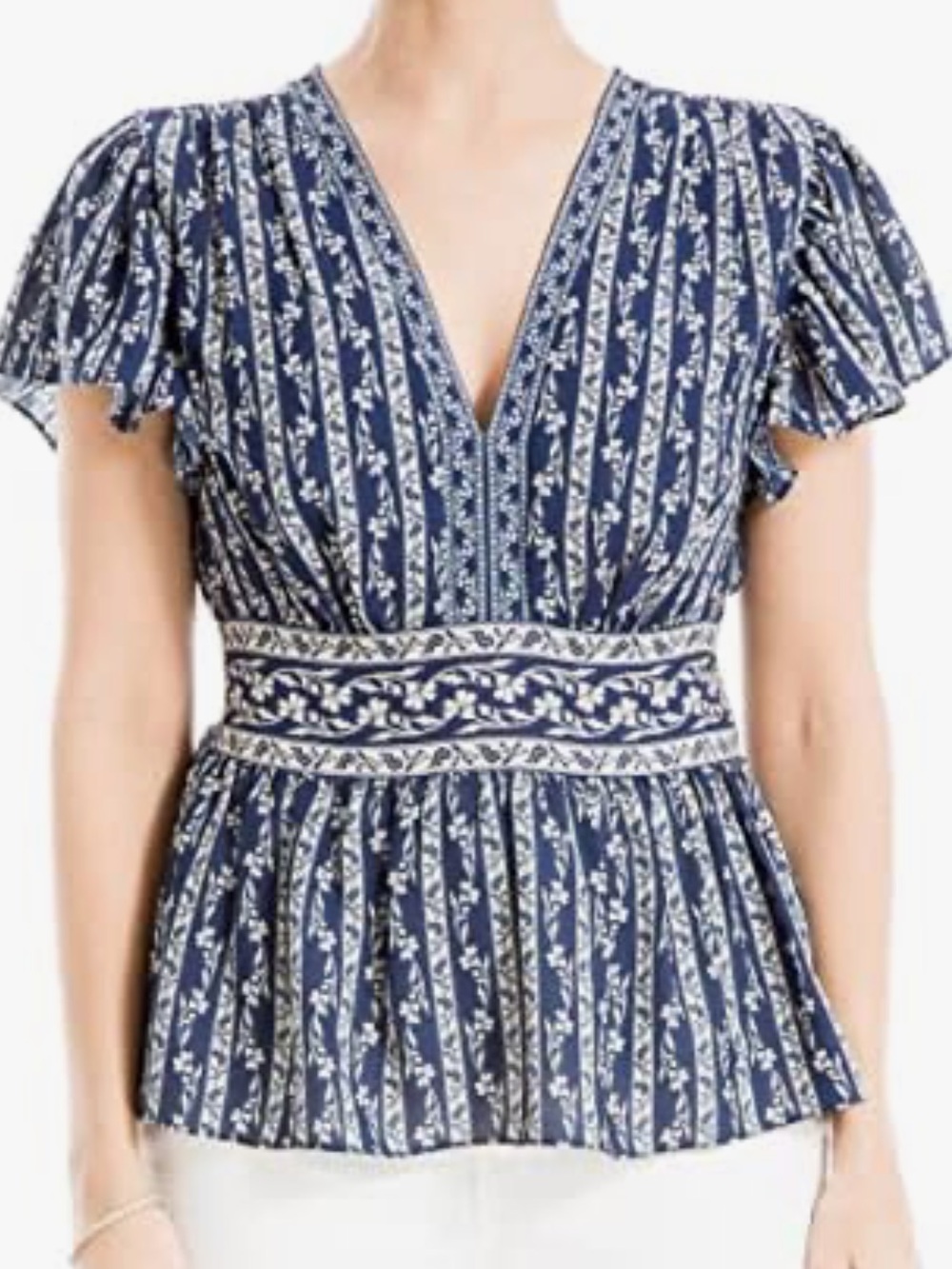 Max Studio Navy & White Floral Flutter Sleeve V-Neck Women's Blouse Size Medium